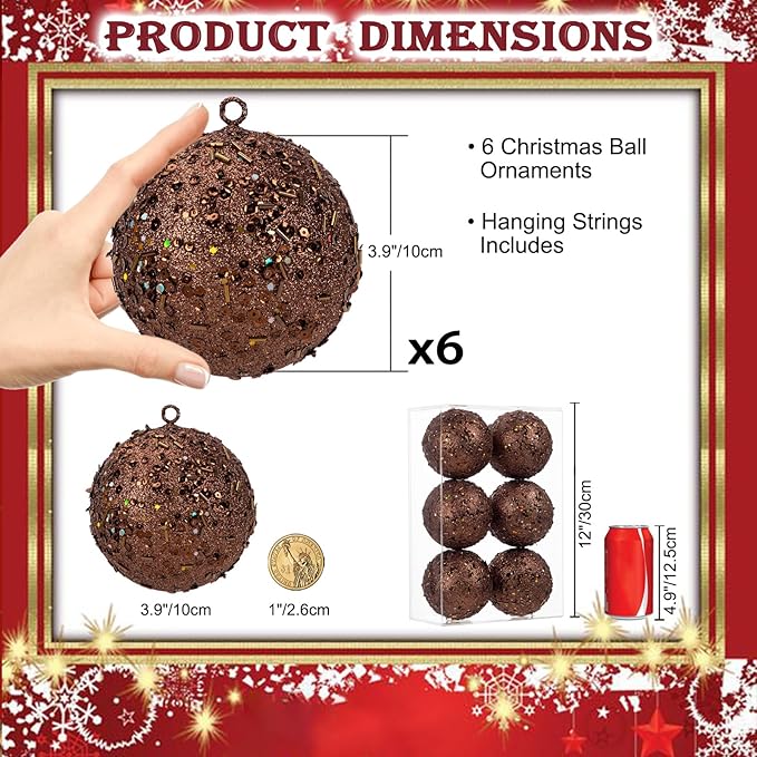 4" Large Christmas Balls Ornaments 6 Pcs Shatterproof Big Bronze Christmas Ornaments for Tree Bulk Glitter Big Xmas Tree Ornament for Xmas Halloween Holiday Wedding Party Decoration