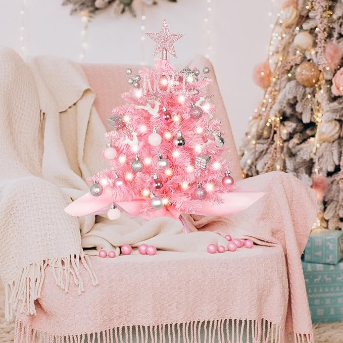 Wangchao Craft 20" Mini Pink Christmas Tree, Artificial Small Table Top Warm Lights, Star Treetop and Ornaments, Tabletop Christmas Tree for DIY Pink Christmas Decoration Gifts