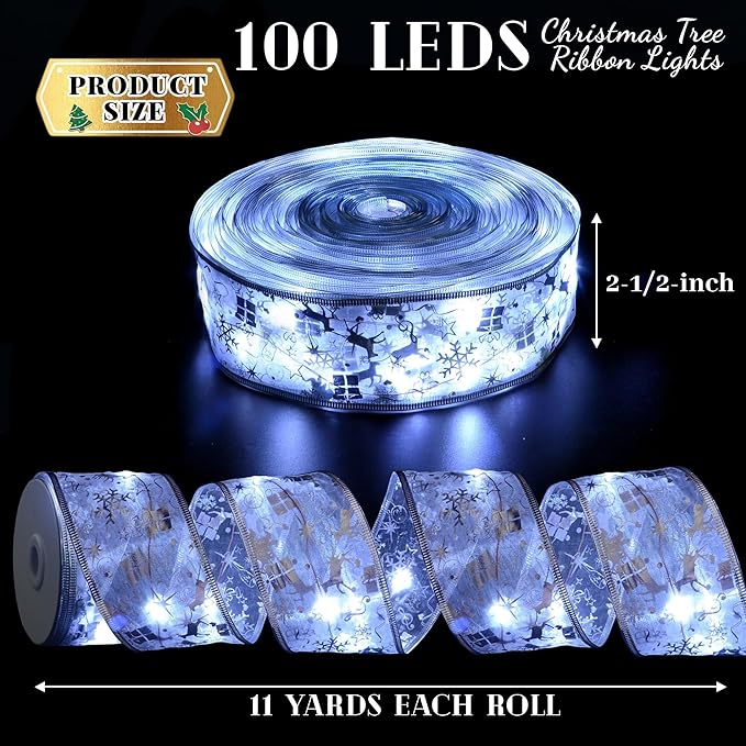 Christmas Decorations, 2.5Inch x 33Ft 100 Led Christmas Tree Ribbon Lights with Remote Control, Battery Operated & USB Powered 8 Lighting Modes Fairy String Lights with Timer for Xmas Decor