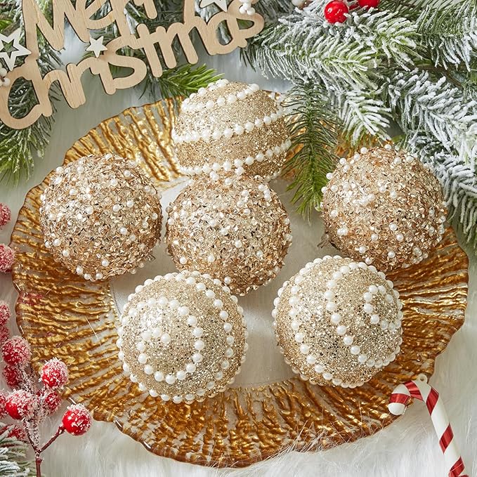 Champagne Gold Christmas Ball Ornaments,12ct Christmas Tree Shatterproof Plastic Hanging Sequin Xmas Balls for Festivals Holiday Party Decorations(70mm/2.76")