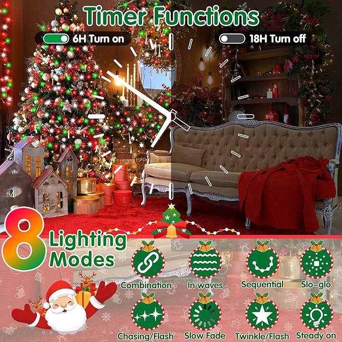 XURISEN Christmas Lights Outdoor 197FT 500 LED Green Wire String Lights 8 Modes with Timer Memory Waterproof Fairy Light Plug in for Xmas Tree Wedding Yard Party Holiday Decorations(Red+Green+White)
