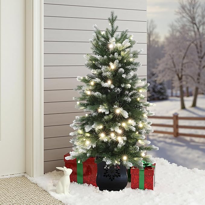 LuxenHome 4FT Potted Christmas Tree, Prelit Small Christmas Trees with 100 Warm White LED Lights, Slim Faux Tree Pre-lit with Black Square Base, Artificial Pine Trees for Indoor, Outdoor Holiday Decor