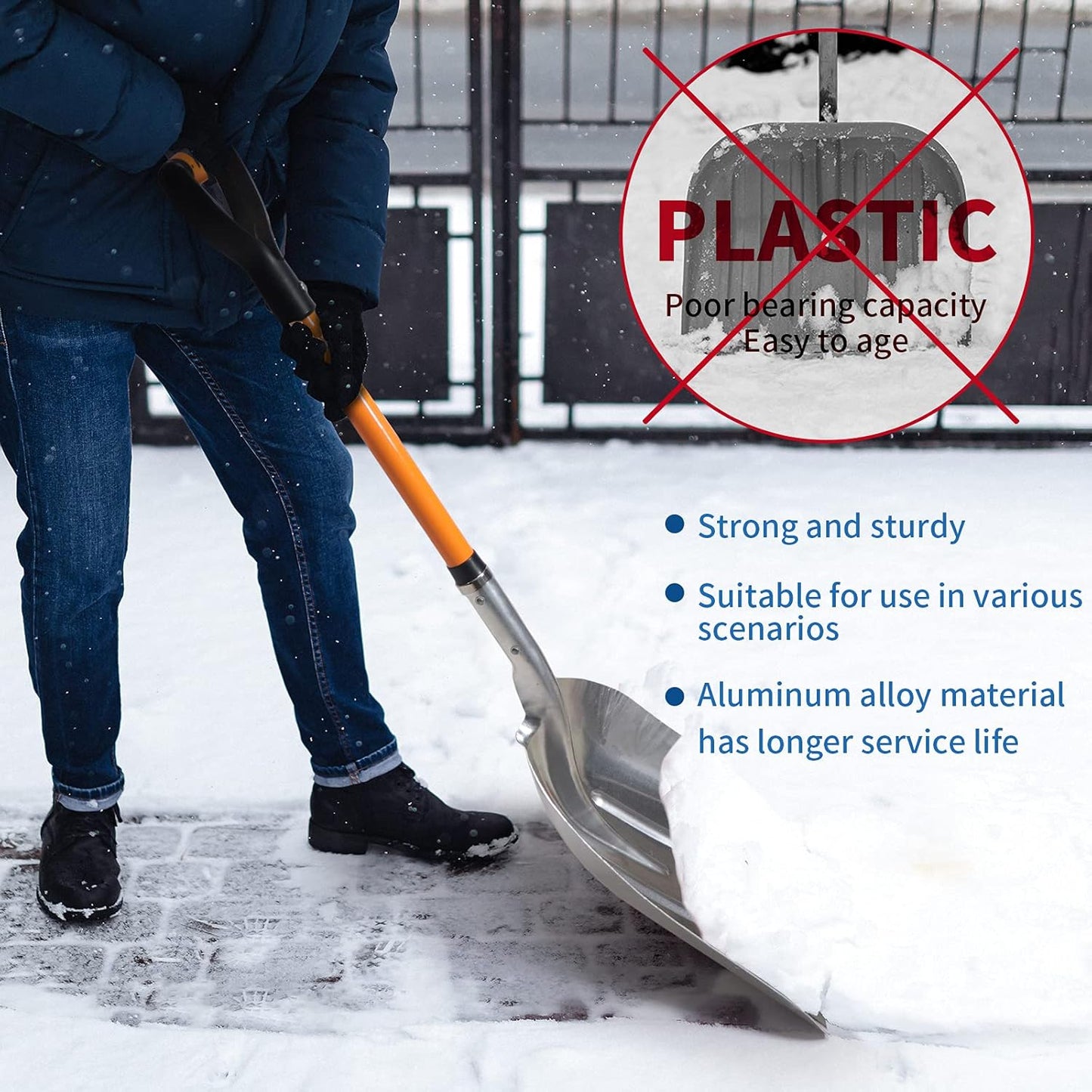 Aluminum Snow Shovel with D Handle Metal Snow Shovel for Driveway 45Inches 3.7 Pounds Transfer Shovel Shovel for Gardening, Orange