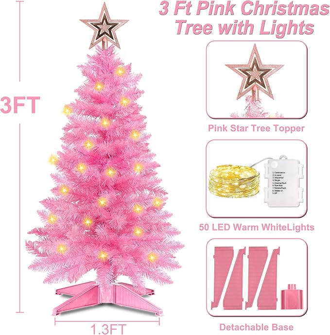 3 Ft Pink Christmas Tree with Lights, Timer 8 Modes 50 Warm White Lights Battery Operated Small Artifical Full Christmas Tree for Tabletop Home Office Indoor Outdoor Xmas Holiday Party Decorations