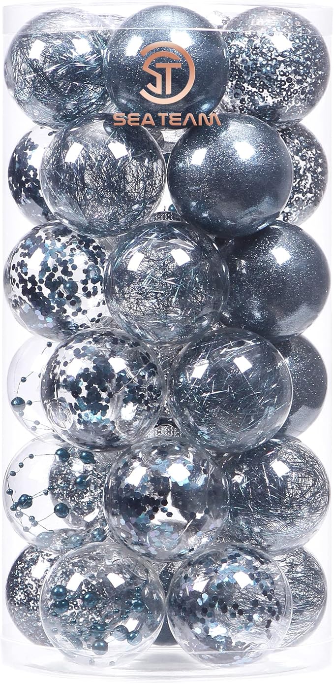 Sea Team Shatterproof Clear Plastic Christmas Ball Ornaments Decorative Xmas Balls Baubles Set with Stuffed Delicate Decorations (60mm/2.36 inch 30-Pack, Stone Blue)