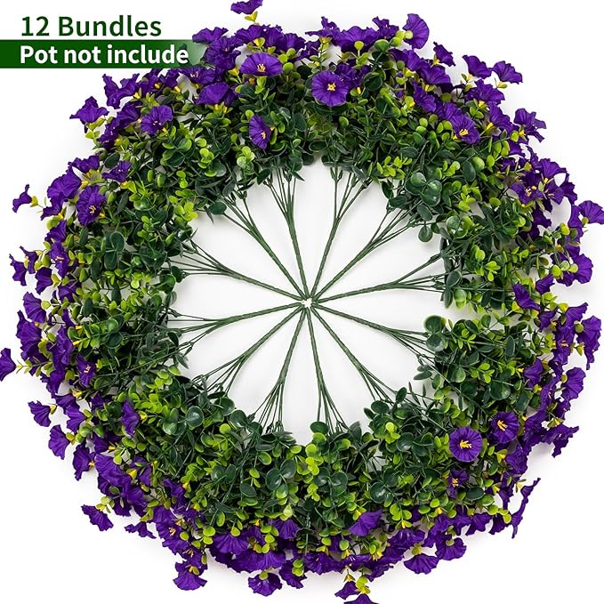 Lnoicy Artificial Flowers for Outdoor 12 Bundles Eucalyptus Fake Flowers for Planter,UV Resistant Fake Morning Glory for Home/Porch/Garden Decoration（Purple）