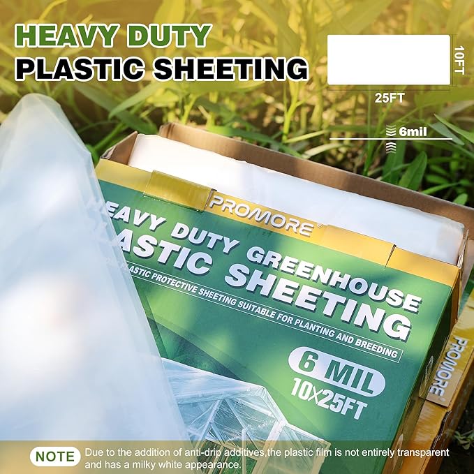 6 Mil Plastic Sheeting 10x25 FT Clear, Greenhouse Plastic Sheeting Heavy Duty, Polyethylene Film, UV Resistant, Tear-Proof, for Garden, Agriculture, Painting Floor Protection