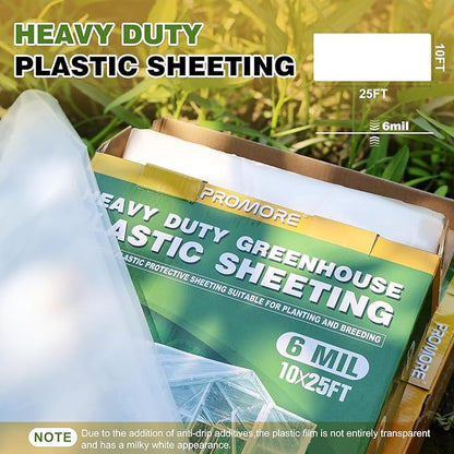 6 Mil Plastic Sheeting 10x25 FT Clear, Greenhouse Plastic Sheeting Heavy Duty, Polyethylene Film, UV Resistant, Tear-Proof, for Garden, Agriculture, Painting Floor Protection