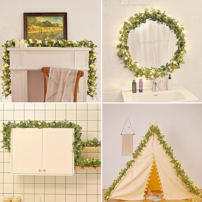 Dolicer 4 Packs 6FT Artificial Eucalyptus Garland with LED Light String, Faux Greenery Garland Hanging Fake Silver Dollar Eucalyptus Leaves Vines for Wedding Backdrop Arch Table Wall Party Home Decor