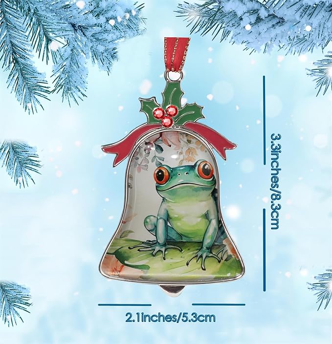 Christmas Ornament Bell Pendant Decorative Metal Glass Hanging Christmas Bell Ornaments for Home Decoration Party Decor (Cute Frog Flower)