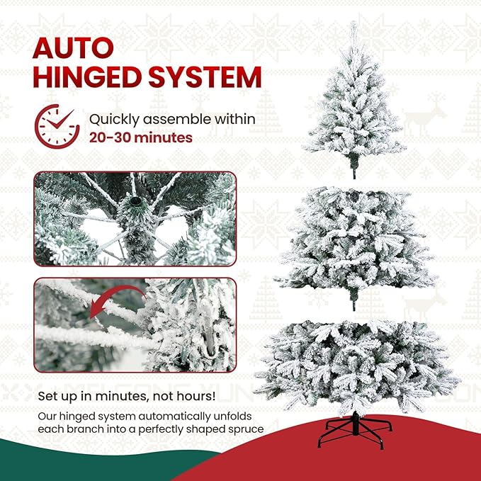 Beyond 7FT Snow Flocked Artificial Full Christmas Tree, Hinged Spruce Christmas Tree with 1300 Branch Tips, Xmas Tree with Metal Stand for Home, Party Decoration, White