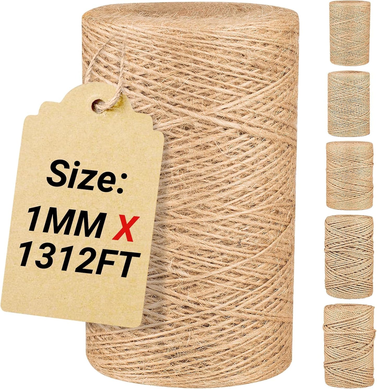 Natural Jute Twine String,Bulk Jute Rope Cord Twine for Crafting Gardening,Roll of Thick and Thin Twine for Gift Wrapping,Brown Decorative Rope,Ornament Twine for Cat Scratch Post (1mm x 1312ft)