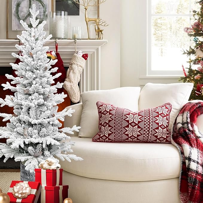 3FT Potted Flocked Christmas Tree, Snow Frosted Mini Tabletop Artificial Christmas Tree 365 PE & PVC Branch Tips for Front Door, Porch, Indoor and Outdoor