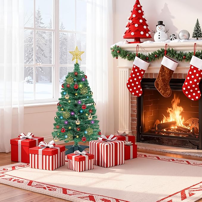 3 FT Artificial Christmas Tree with Lights - 12 Lighting Modes, Timer&Ornaments, Mini Fake Xmas Tree for Tabletop, Home, Office, Christmas Decoration Tree Decor