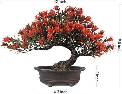Artificial Bonsai Tree - Fake Plants for Home Decor, Bookshelf Coffee Table Office Desk Bathroom Farmhouse Indoor Decor, 9.5" Tall, Red