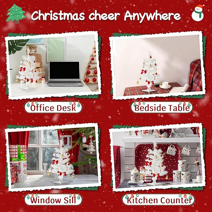 1.5FT Tabletop Christmas Tree, Artificial Mini Christmas Pine Tree with Realistic Branches & Plastic Stand, Small Xmas Tree for Home Office Party Desktop Festival Indoor Decoration, White