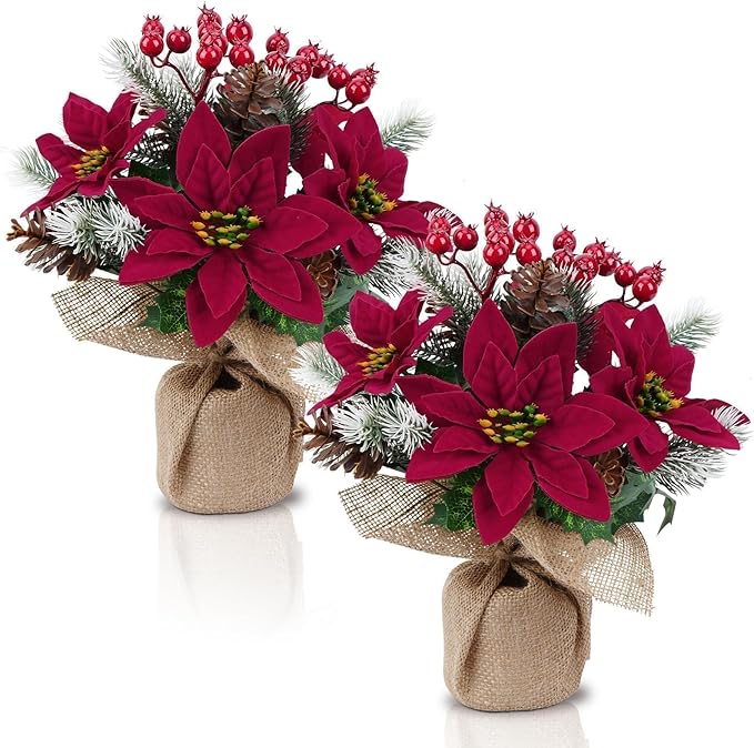 HUAESIN 2PCS Artificial Poinsettias Potted 11" Christmas Plants Fake Mini Christmas Tree with Berries Pinecone Table Centerpieces Indoor Xmas Decorations for Tables Kitchen Office Desk Home