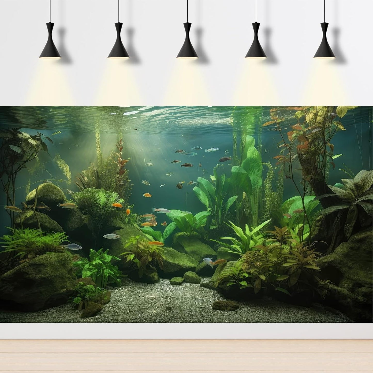 Under The Sea Aquarium Background Underwater Aquatic Plants Fish Tank Background Tropical Fish Rock with Moss Terrarium Background Undersea Green Grass with Sunbeams Terrarium Background 60x24in