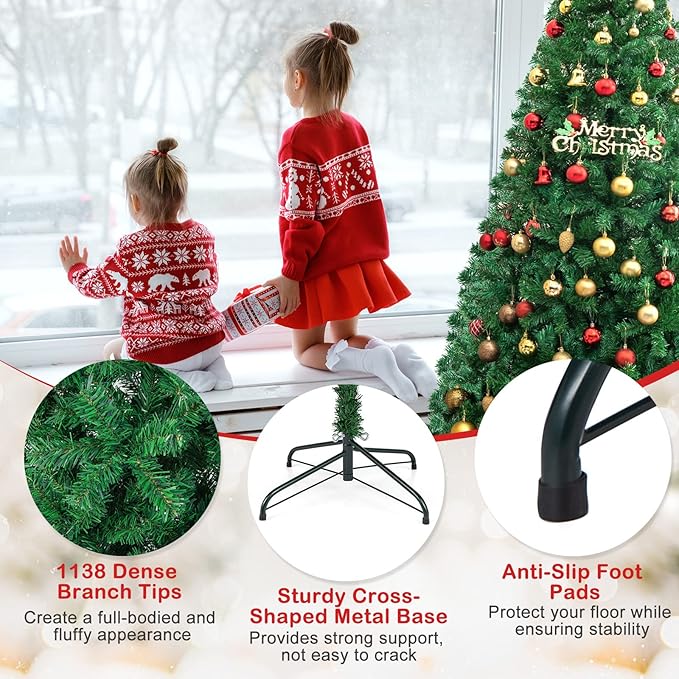 HAPPYGRILL 8FT Artificial Christmas Tree, Luxuriant Verdant Realistic Xmas Tree with 1138 PVC Branch Tips & Folding Metal Stand, Unlit Pine Tree for Festival Parties Decoration