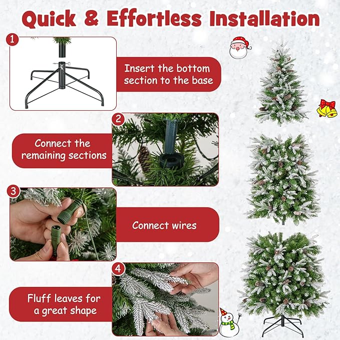 Goplus 7.5 FT Pre-Lit Pencil Christmas Tree, Artificial Snow Flocked Hinged Fake Slim Xmas Tree with 350 Warm-White LED Lights, 913 Branch Tips, 75 Pine Cones, for Office Home Decoration