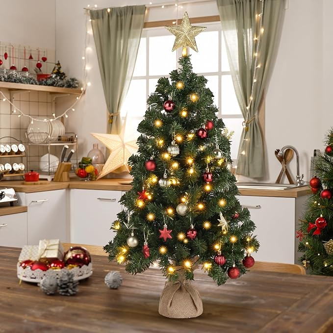 VINGLI 3ft Pre-lit Artificial Christmas Tree, Mini Tabletop Xmas Tree with 150 Branches Tips for Christmas Party Home Indoor Decoration (Battery Operated)