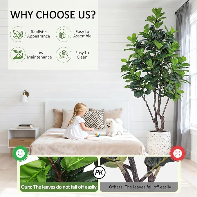 8FT Faux Fiddle Leaf Fig Tree, Large Artificial Plants Indoor Ficus Lyrata Trees, Realistic Fake Tree in Pot Floor Plant for Home Decor Office Christmas Housewarming Gift