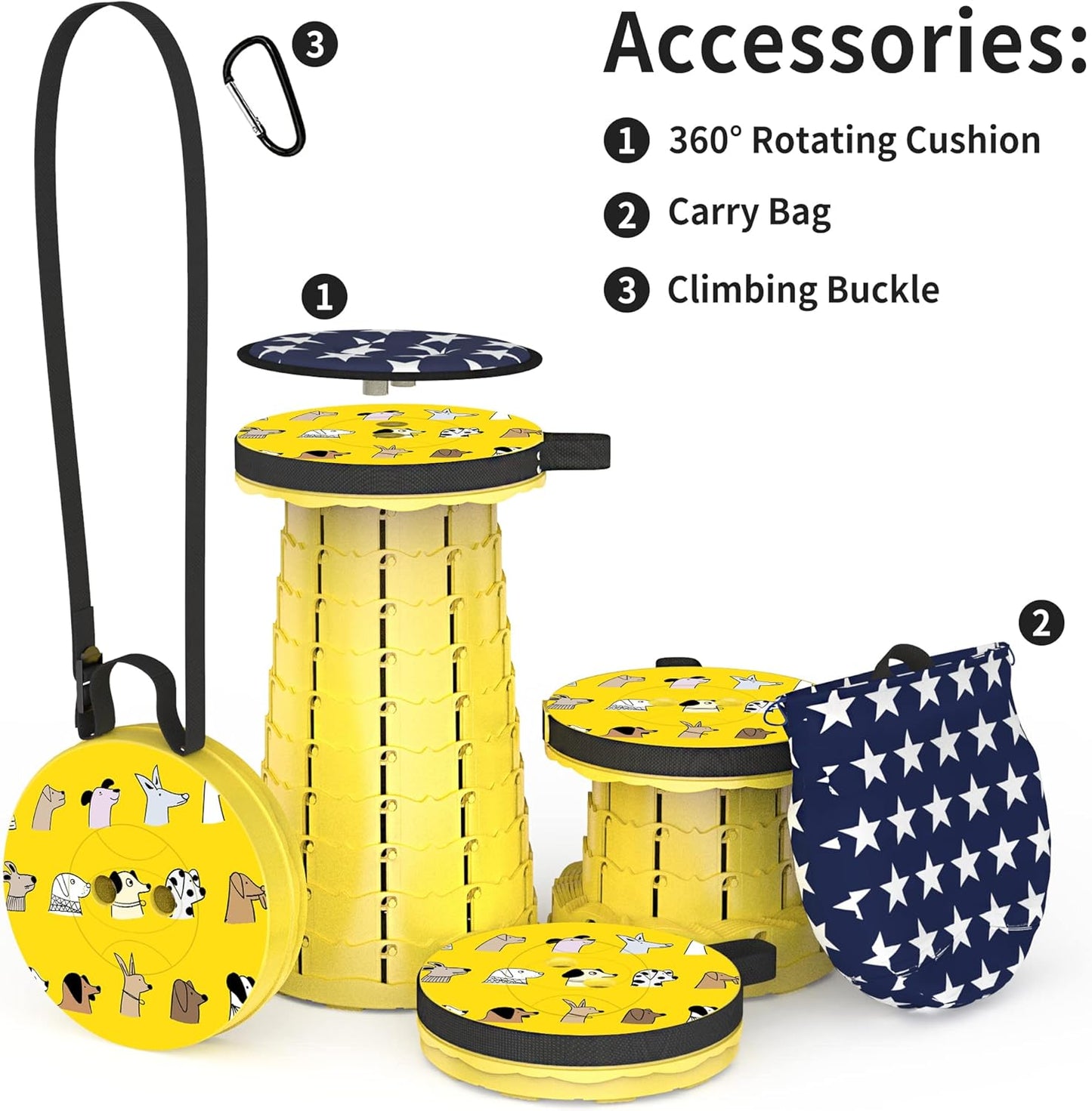 ALEVMOOM Upgraded Telescoping Collapsible Stool with Cushion, Folding Stool with Printing Portable Retractable Foldable Seat Max Load 550lbs for Adults Camping Fishing Outdoor