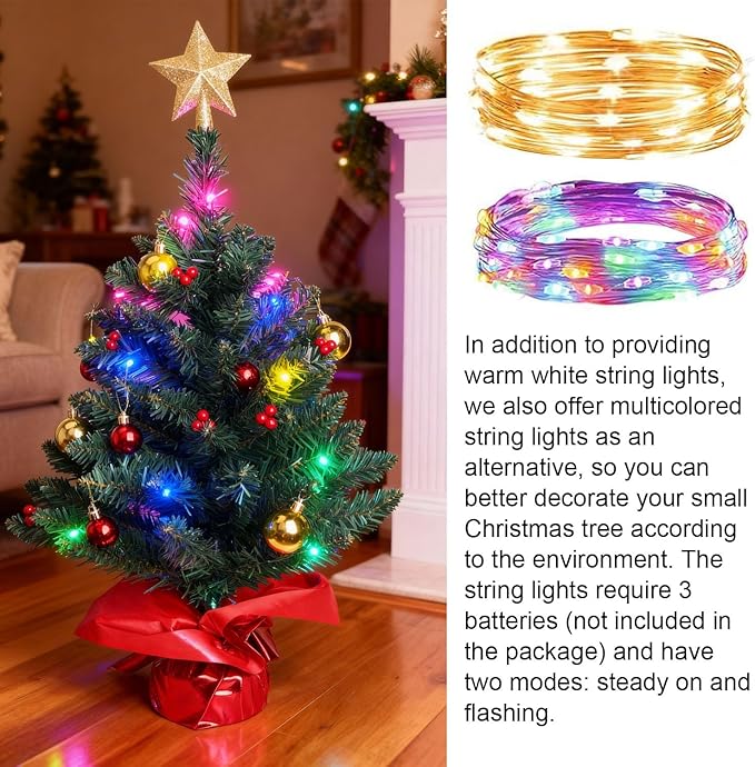 24 Inch Tabletop Christmas Tree, Artificial Mini Xmas Pine Tree with LED String Lights and Ornaments,Christmas Decoration Tree Decor-Red