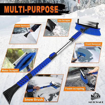 METOWARE 44'' Snow Brush and Ice Scrapers for Car Windshield, Extendable Snow Brush for Car with Ergonomic Foam Grip and 360° Pivoting Brush Head for Car SUV Truck Blue