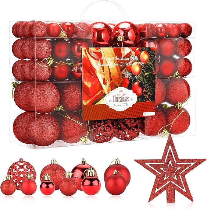Aitsite 100 Pack Christmas Tree Ornaments Set Mini Shatterproof Holiday Ornaments Balls for Christmas Decorations (Red)