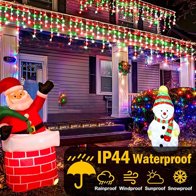 Christmas Lights, 49FT 480 LED Ice Lights for Outside House Clear Wire Twinkle Light with 8 Modes Timer Waterproof for Christmas Party Tree Holiday Patio Yard Home Decor(Red Green and Cool White)