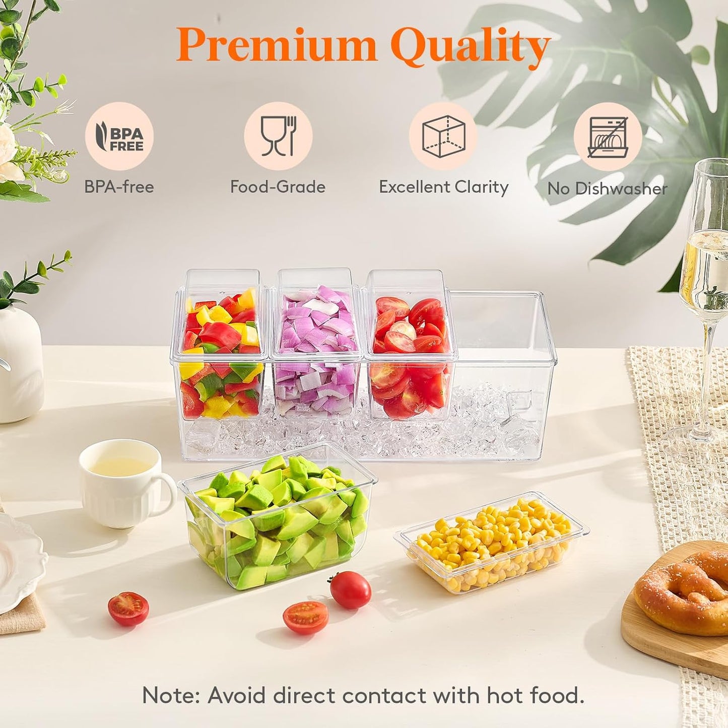 Lifewit 2 Pack Ice Chilled Condiment Caddy with 4 Containers(2.5 cup), Condiment Server with Separate Lids, Serving Tray Platter for Bar Accessories, Fruit, Salad, Taco, Party Garnish