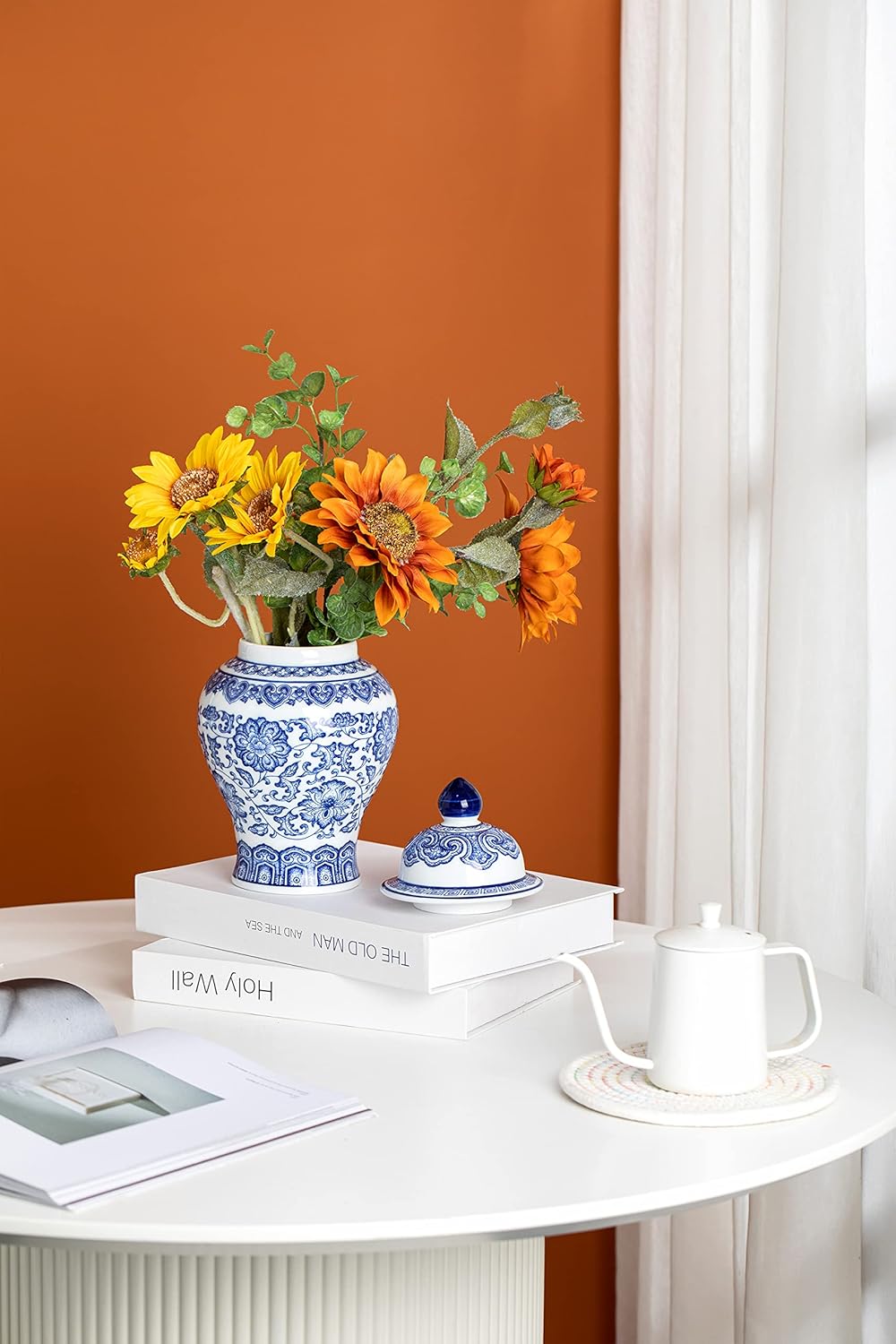 Blue and White Ginger Jar, Ceramic Chinoiserie Decorative Jars for Home, Office, Flower Vase Pocelain, Glossy Vase for Table, Living Room, Bookshelf, Mantle Fireplace, Centerpieces, 9.8"H