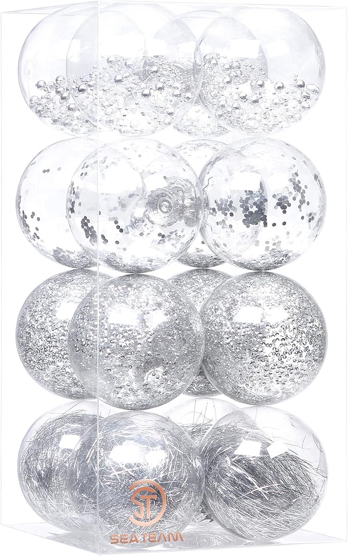 Sea Team Shatterproof Clear Plastic Christmas Ball Ornaments Decorative Xmas Balls Baubles Set with Stuffed Delicate Decorations (100mm/3.94 inch 16-Pack, Silver)