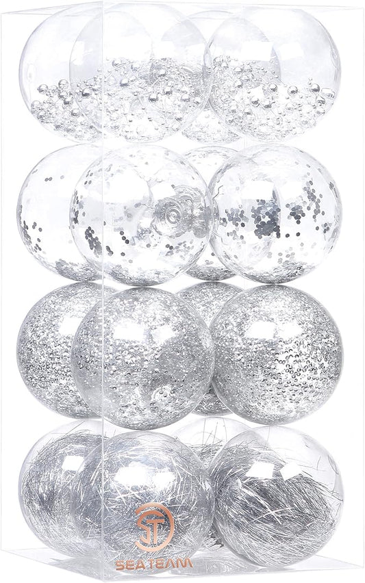 Sea Team Shatterproof Clear Plastic Christmas Ball Ornaments Decorative Xmas Balls Baubles Set with Stuffed Delicate Decorations (100mm/3.94 inch 16-Pack, Silver)