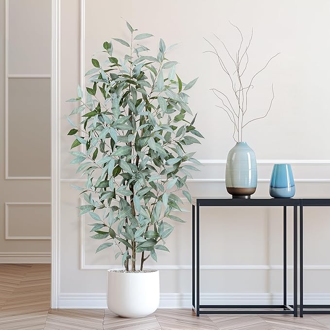5FT Artificial Ficus Tree,Large Fake Plants with Pot,Faux Floor Plant with White Leave Fake,Artificial Plants Indoor for Home Office Decor