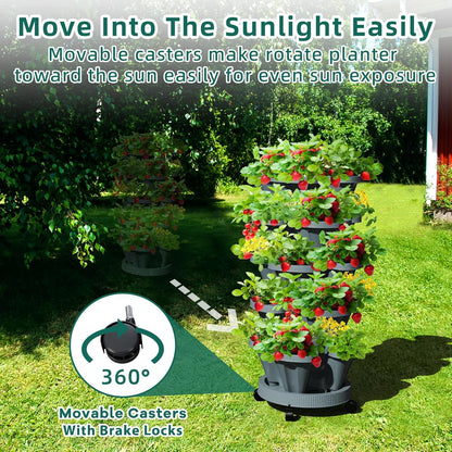 7 Tiered Strawberry Vertical Planter 2 Pack, Stackable Tower Garden Planter Herb Garden Planter with Movable Casters and Bottom Saucer Indoor and Outdoor - Dark Grey