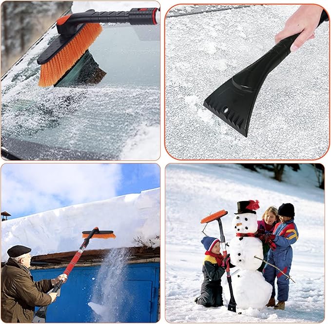 FOVAL 47.2" Extendable Snow Brush and Wider Ice Scraper (4.73" Width) with 360° Pivoting Brush Head, Snow Removal Tool Car Brush with Comfortable Foam Grip for Car Windshield, Trucks, SUVs