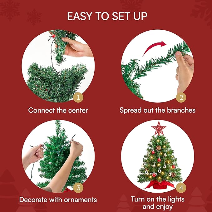 Joiedomi 24 Inch/2FT Tabletop Mini Christmas Prelit Decoration, Artificial Mini Xmas Pine Tree with Prelit LED String Lights and Ornaments Decor, Christmas New Year Decoration Tree Decor