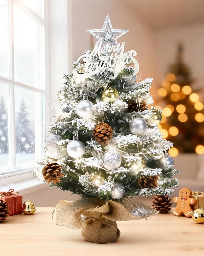 Mini Christmas Tree,21 inch Prelit Christmas Trees,Small Christmas Tree with Lights,Table Top Xmas Tree with Star Treetop and Hanging Ornament,Christmas Decorations Indoor for Home, Office, Holiday