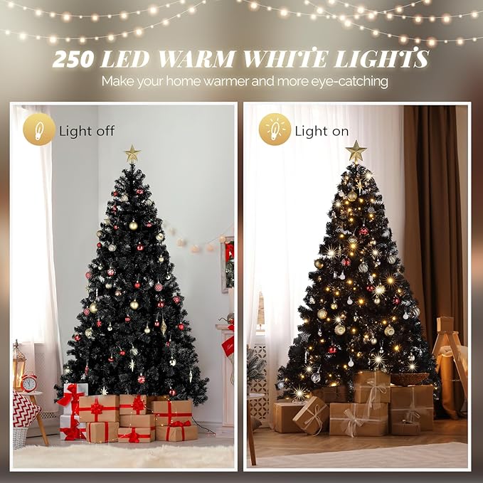 VINGLI 6ft Black Pre-lit Artificial Christmas Pine Tree with 250 Warm White Lights, Xmas Tree Holiday Party Decorations with Sturdy Metal Stand, Full 900 Tips Branch, 8 Color Modes