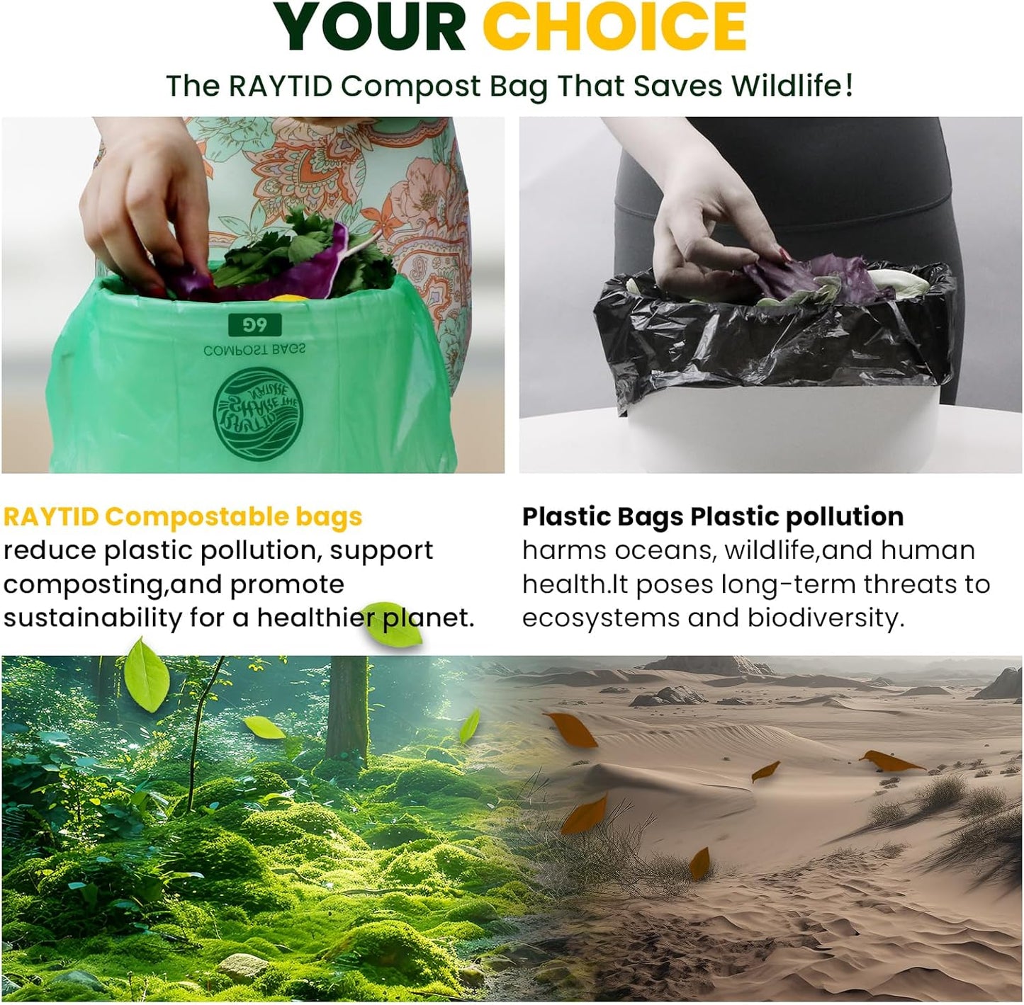 Compostable Bags, 6 Gallon Food Scraps Yard Waste Bags,Fits 5-6-8 Gallon trash can, 30 Liter, 70Count, Heavy Duty 0.85 Mils, ASTMD 6400 Kitchen Trash Bags, BPI&OK compost HOME certified