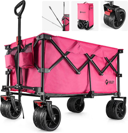 VILLEY Collapsible Folding Wagon with Big Wheels, Enlarged 225lbs Capacity, All Terrain Wagons Carts Heavy Duty Foldable, Portable Utility Garden Cart with 2 Cup Holders and Brake, Pink