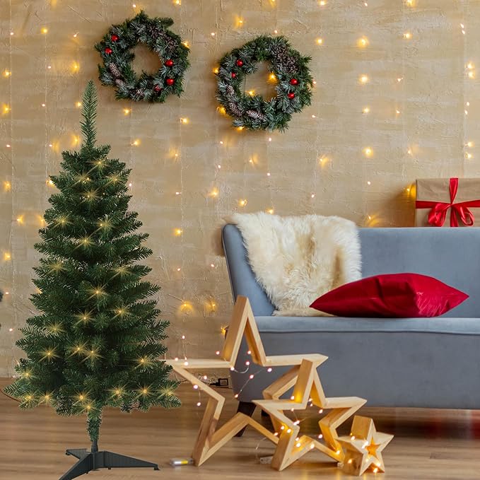 Pre-Lit Artificial Christmas Tree 4Ft, Battery Operated Desktop Xmas Tree with 70 LED 210 Branch Tips Mini Christmas Tree Decoration Indoor Outdoor