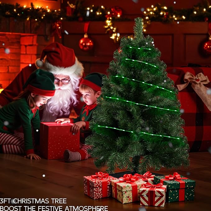 Green 3ft Christmas Tree with Lights, Small 36inch Artificial Tree Mini Table Top Decorations, Xmas Desk Tree with 80 Colored Lights, 200 Branch, Holiday Decor for Home,Indoor Office Tabletop