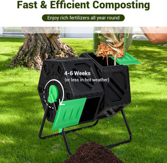 Goplus Compost Bin, Dual Chamber 34.5 Gal Compost Tumbler with 2 Rotating Chambers, Sliding Doors, High-Volume Outdoor Garden Composter, Rotating Composting Bin for Garden Yard, BPA Free