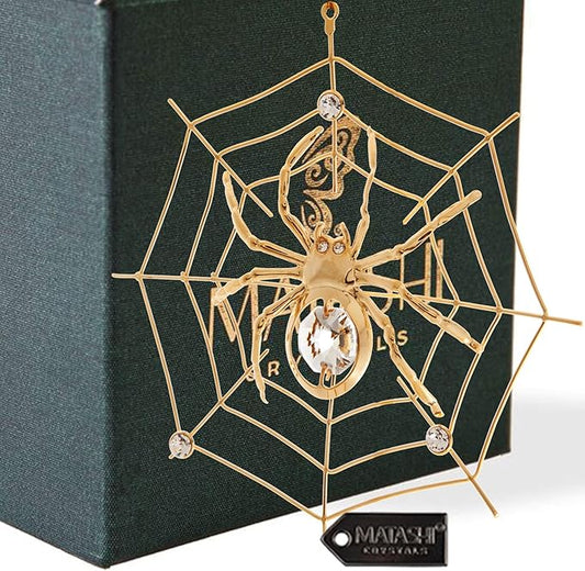 Matashi 24K Gold Plated Crystal Studded Hanging Ornaments for Christmas Tree, Christmas Spider Miracle, Decor - The Tradition of Tinsel Legend Spider on Web Ornament