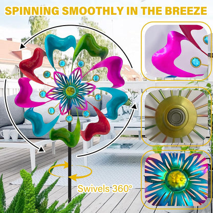 45" Flowers Wind Spinners for Yard and Garden, Sapphire Colored Leaves Kinetic Wind Spinner Outdoor Decor, Wind Sculpture Yard Art Decorations for Patio, Lawn & Garden