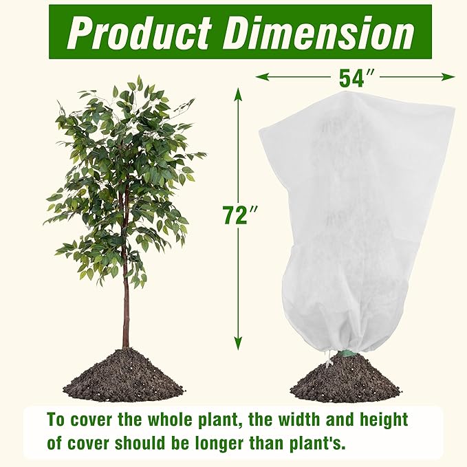 Gardzen 5-Pack Plant Covers Freeze Protection, Drawstring Tree Cover with Zipper, Winter Freeze Plant Protection, Tree Jacket Frost Blanket for Outdoor Plants, 54”×72”
