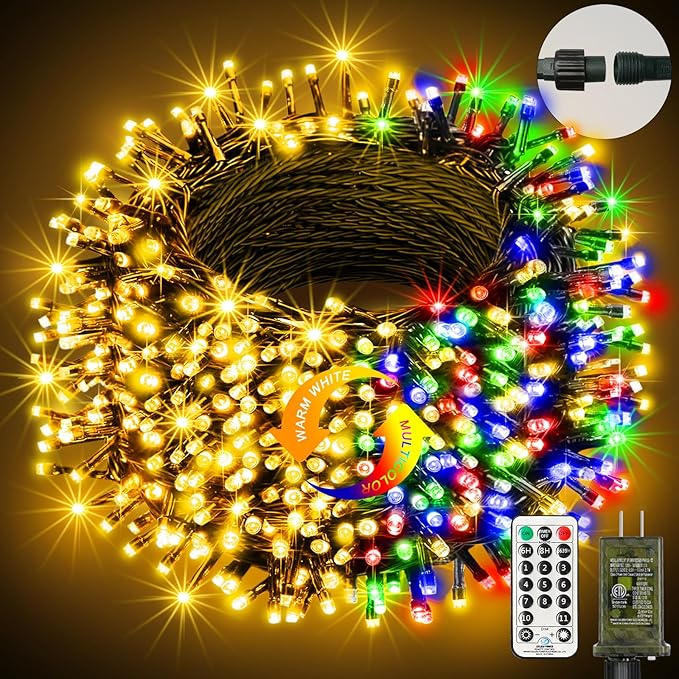 btfarm Color Changing Christmas Lights Outdoor, 115FT 300 LED Christmas Tree Lights Indoor with Remote, Timer Twinkle String Light Waterproof for Xmas Wedding Party Decor, Warm White & Multicolor